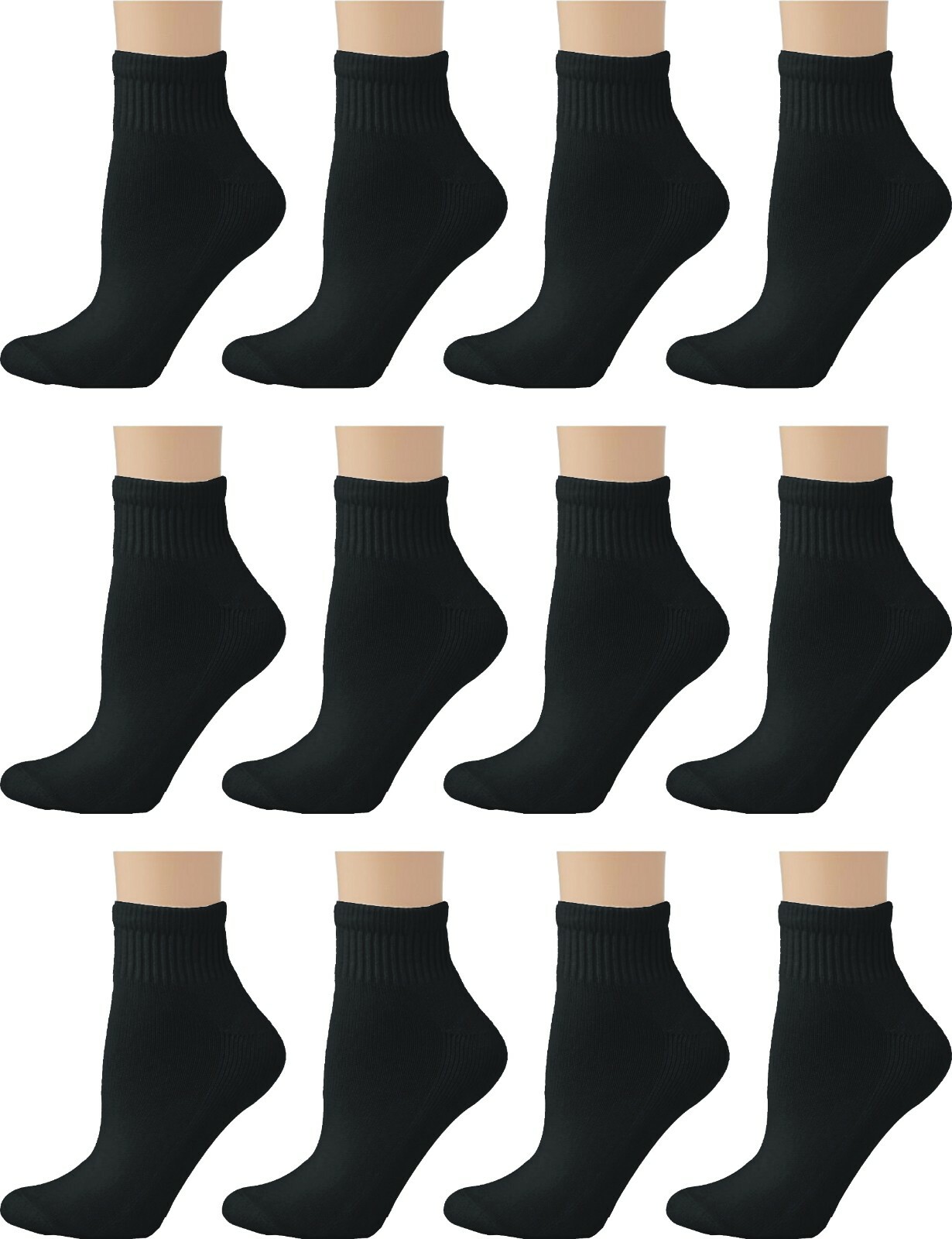 12 Pairs Men Black Ankle/Quarter Socks Half Cushion Comfort Cotton Size 10-13
