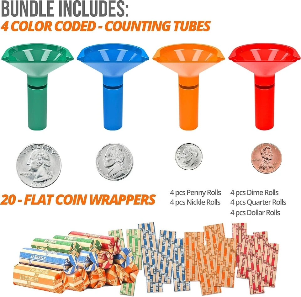Coin Storage & Sorter Tubes 4 Color – Coded Counters 4 + 20