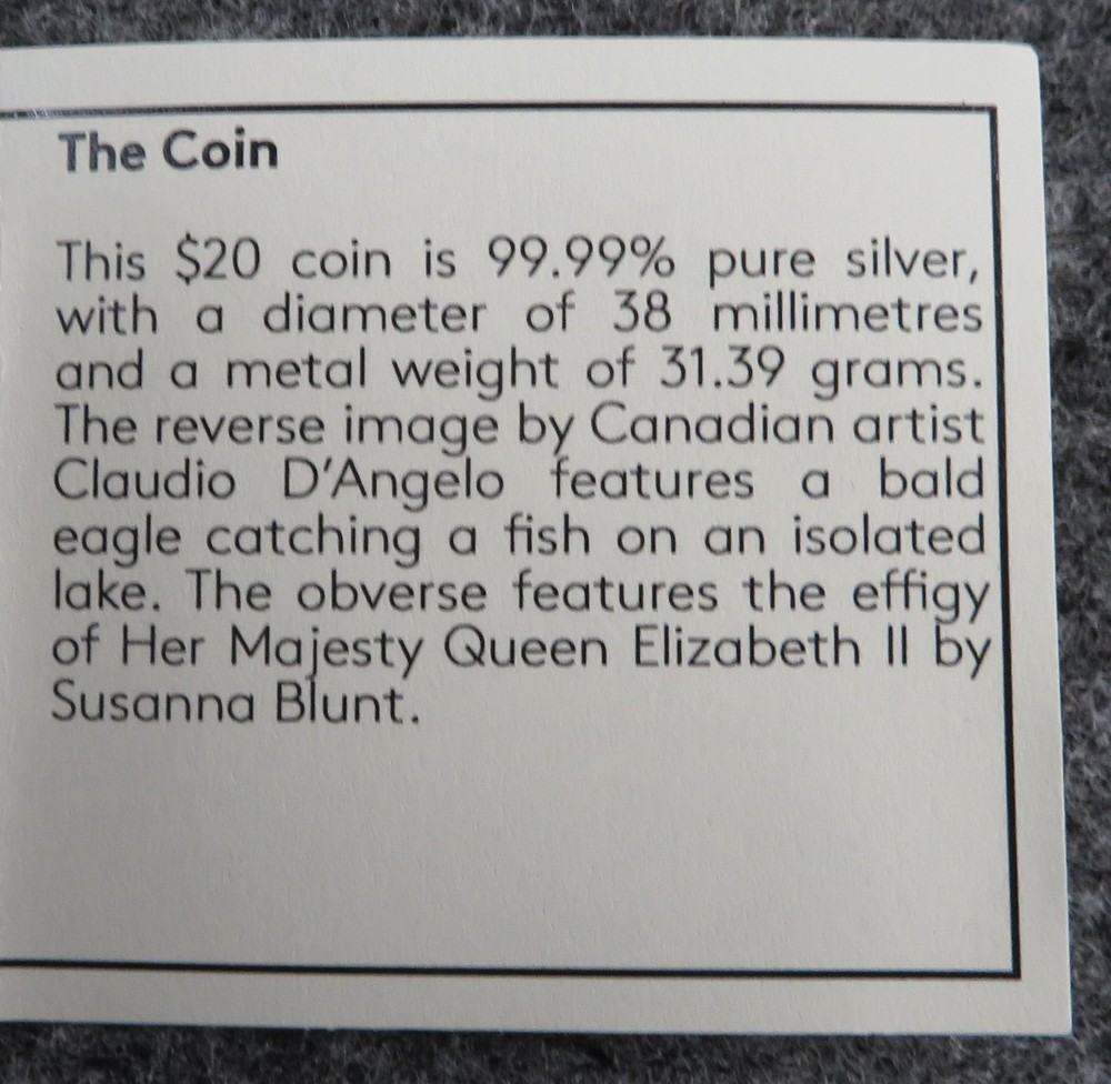 2014 Canada $20 Silver Proof Coin - Bald Eagle Catching Fish