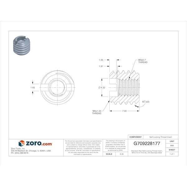 Standard Wall Self Locking Thread Insert, M4-0.70 Int Thrd Sz, 316 Stainless