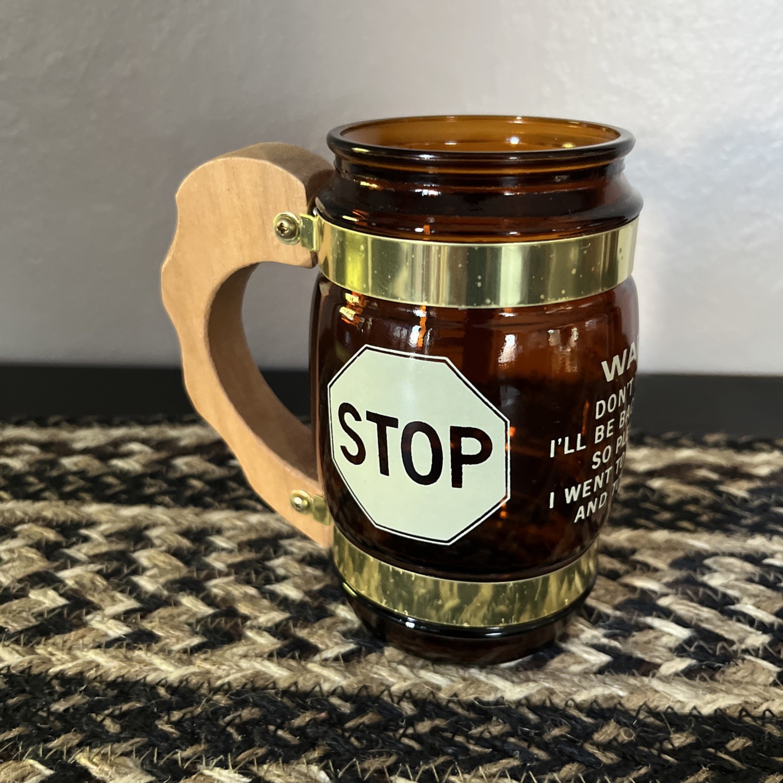Vintage Amber Glass Novelty Mug Beer Siesta Ware PEE Stop Warning