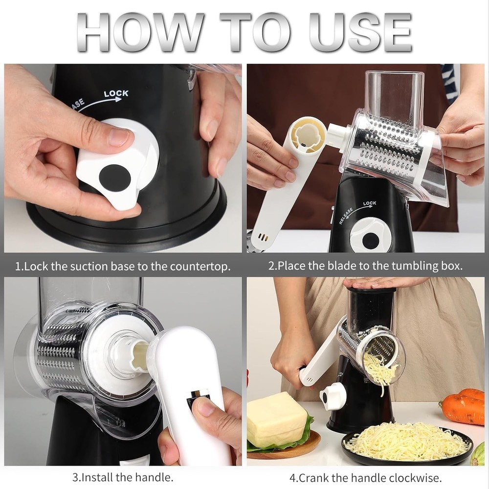 Versatile Rotary Cheese & Vegetable Shredder with Suction Base - Dishwasher Safe