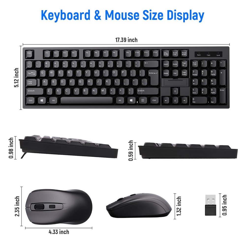 Full Size Ergonomic Wireless Keyboard Mouse Combo 2.4G USB-A Type-C Receiver