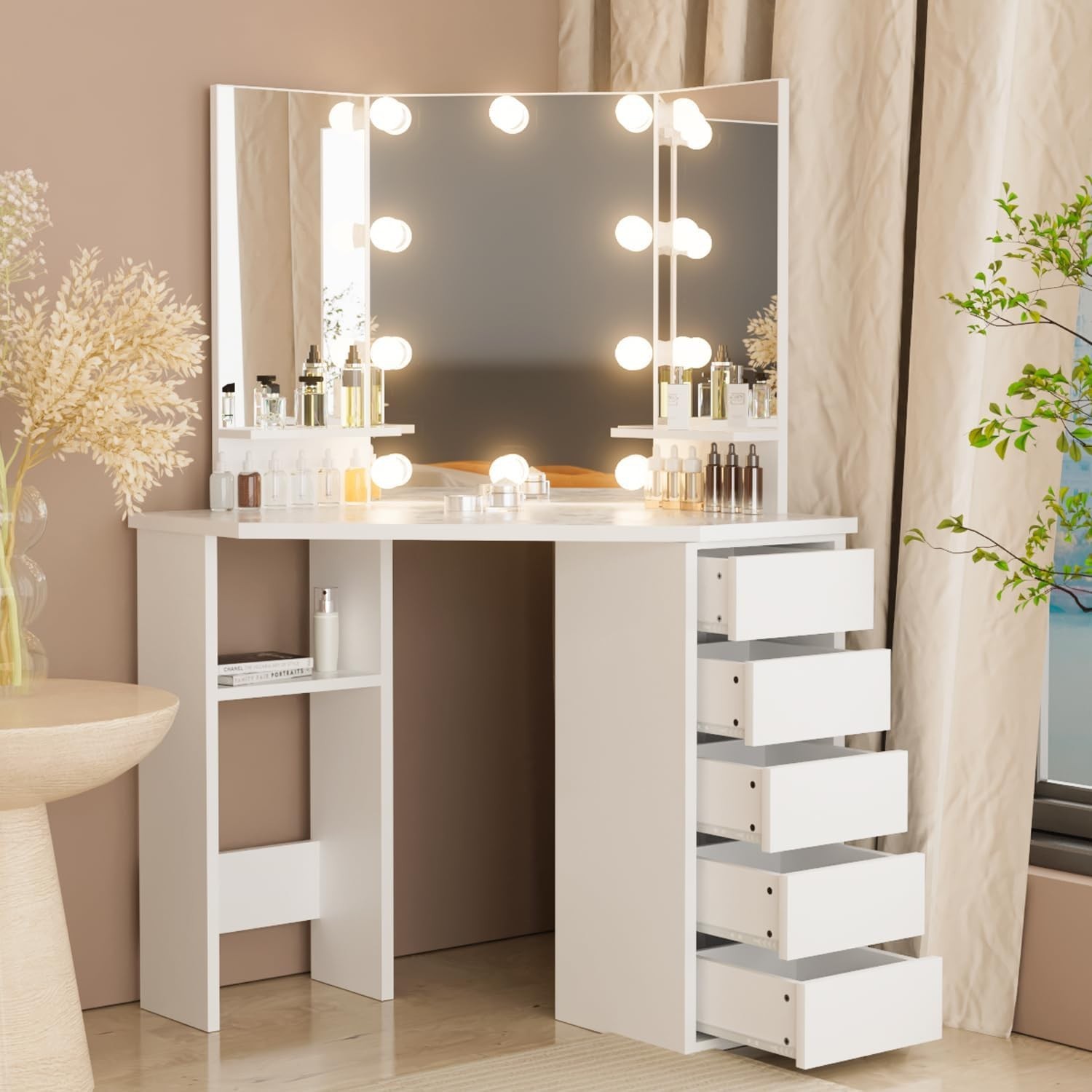 Modern Design Corner Vanity,Lighted Makeup Desk,Bedroom Makeup Table with Lights