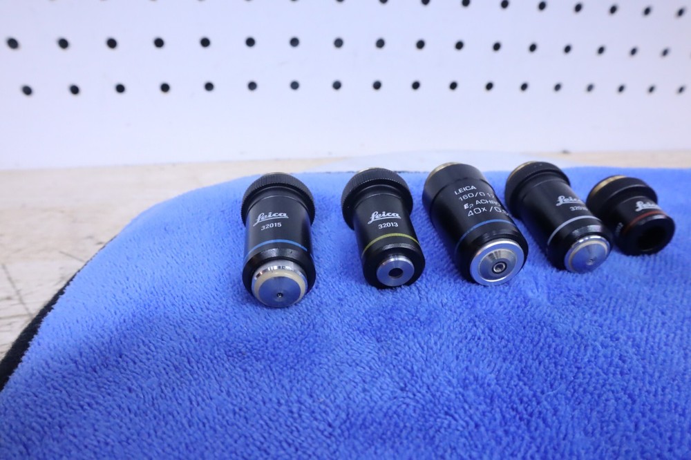 x5 Used Leica Achro Microscope Objectives #32016 32012 32015 32013 & E2 Germany