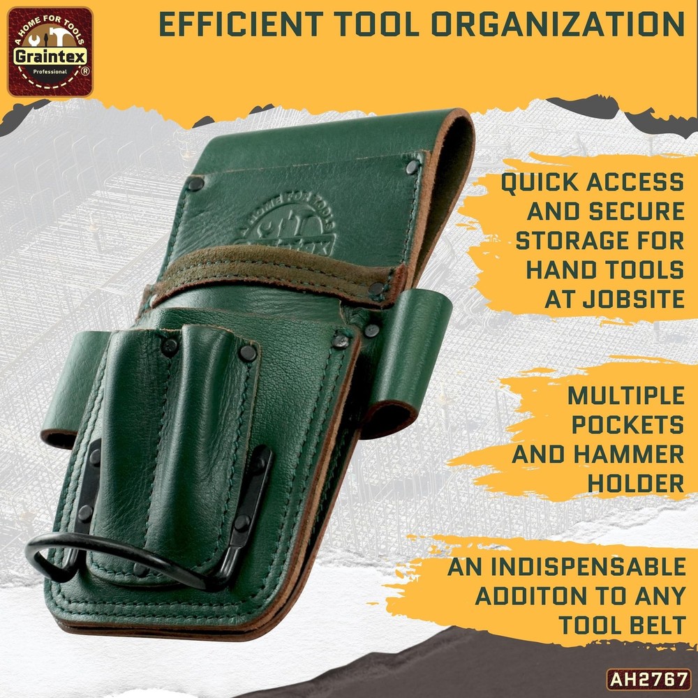 Graintex Multi-Tool Pouch: Leather, 5-Pocket, Hammer Loop, Ideal for Pros