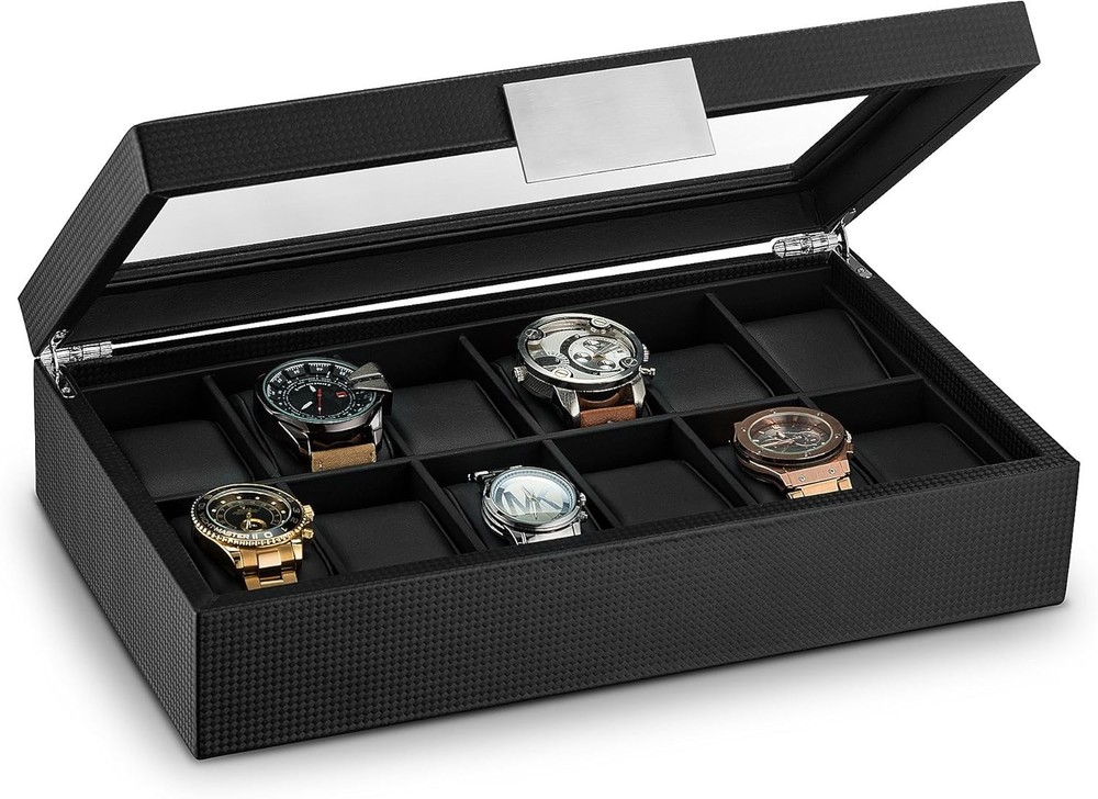 Black Rectangular Watch Case for 12 Timepieces, Luxurious Design and Finish