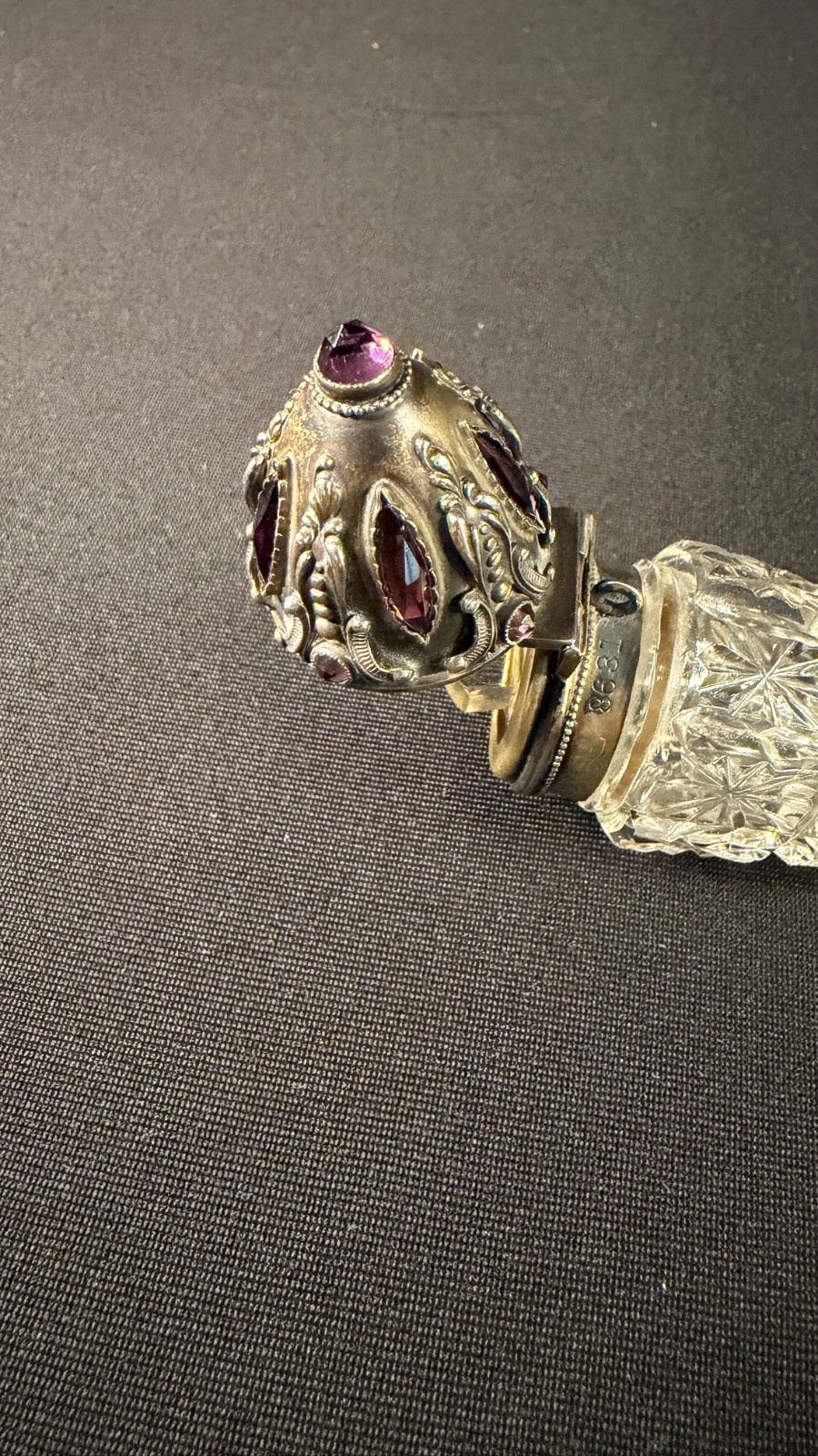 Rare Victorian Sterling with Faceted Amethyst Stones & Cut Cyrstal Scent Bottle