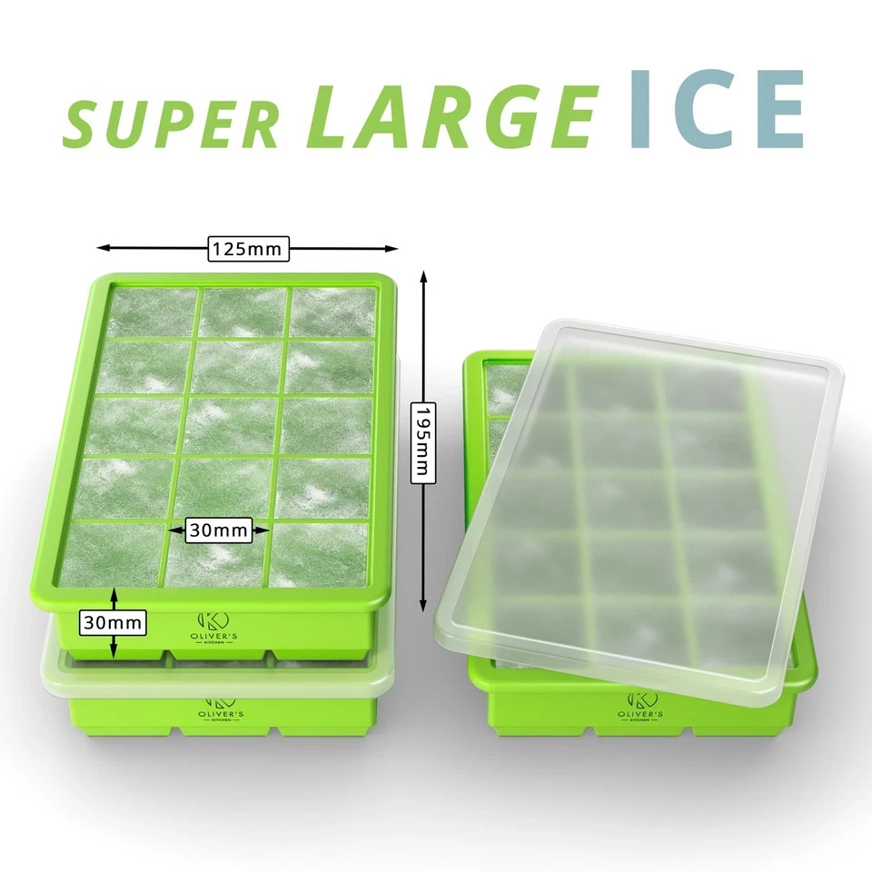Ice Cube Tray Set with Stackable Lids - 15 Cubes Set of 2