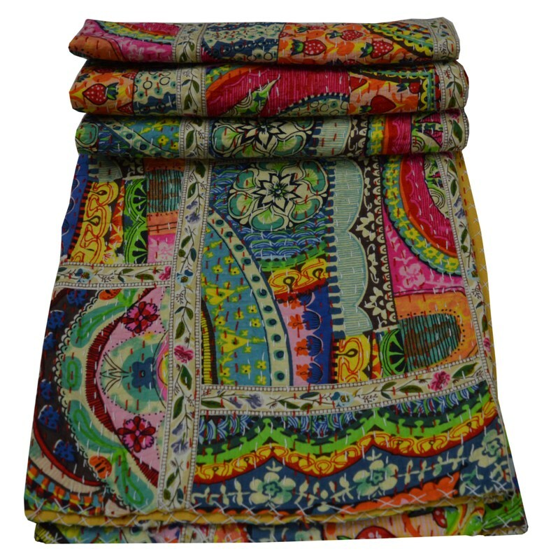 Reversible Patchwork Kantha Quilt Multicolor Single Blanket Bohemian Bed Runner