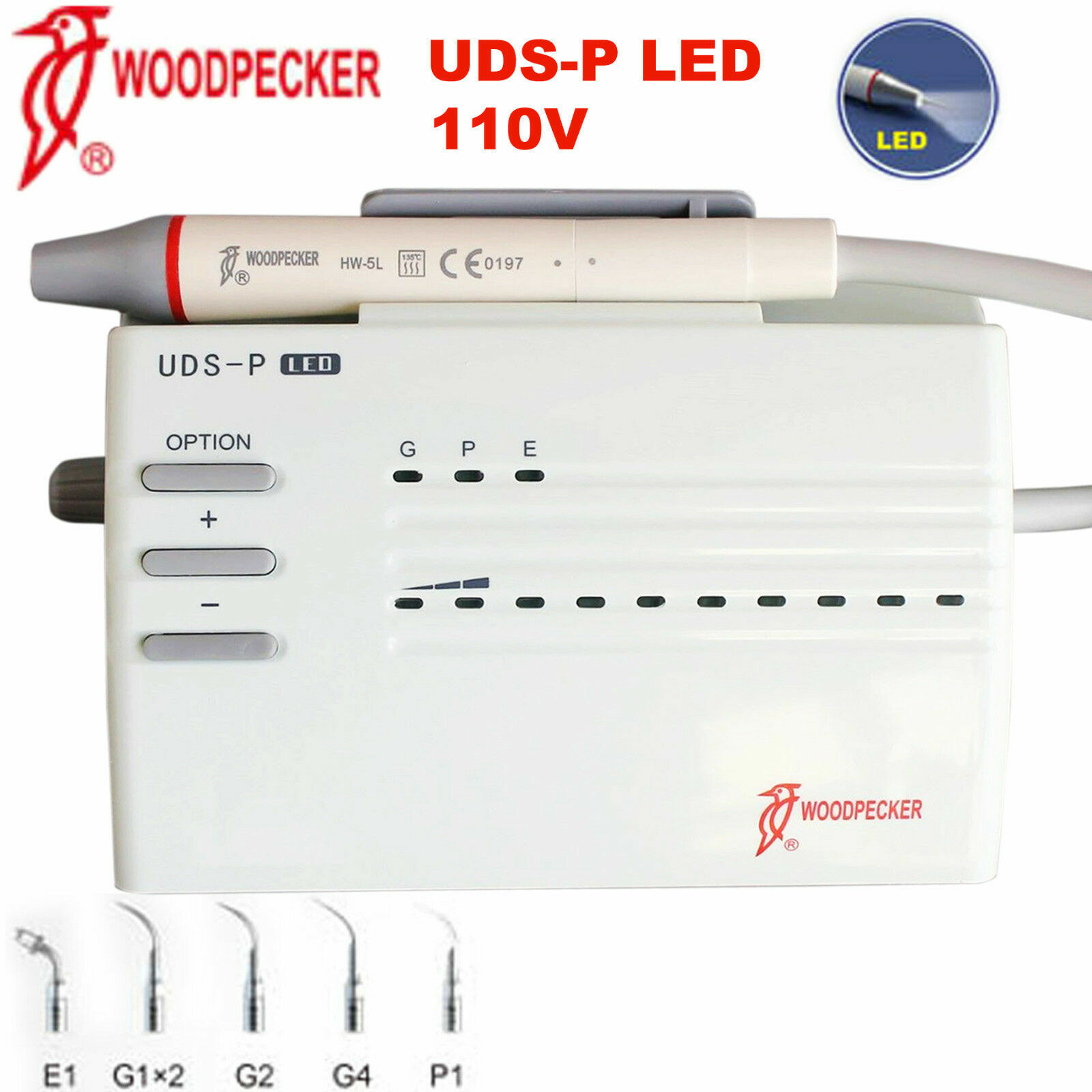 100%Original Woodpecker UDS-P LED Dental Ultrasonic Piezo Scaler Handpiece 6Tips