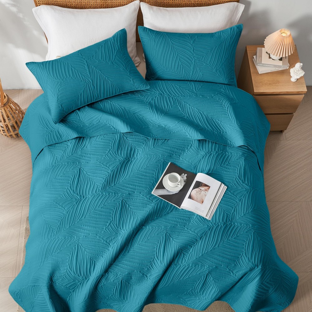 OARAGE Queen Quilt Bedding Set Soft Lightweight Teal Bedspread with Leaf Pattern