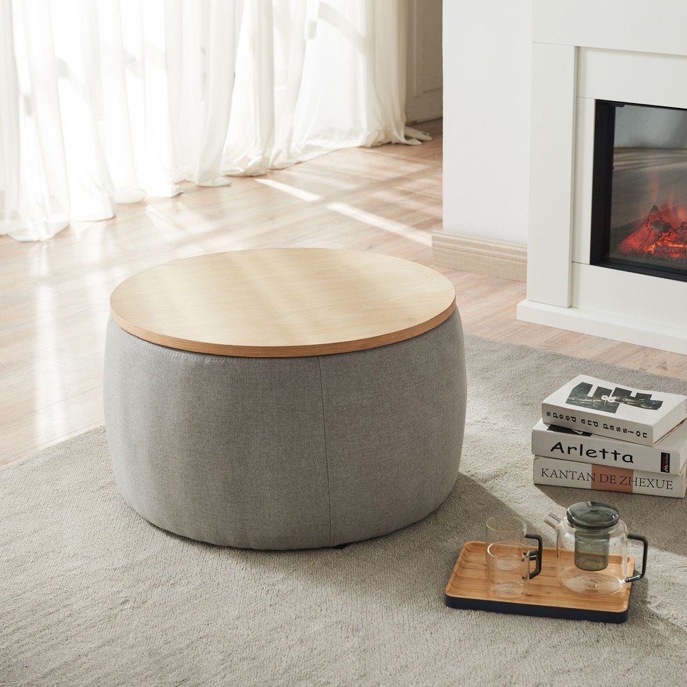 Round Ottoman; 2 in 1 Function with storage - wood & grey