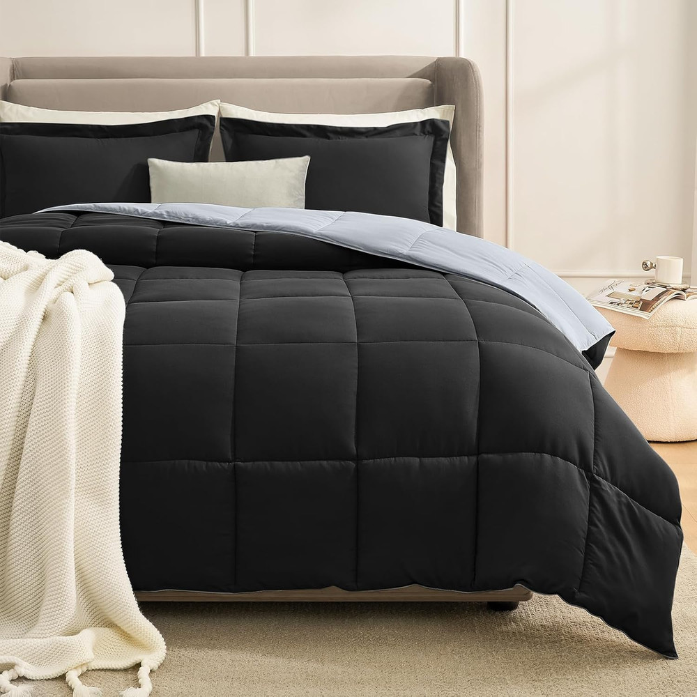 Homelike Moment King Size Comforter Set Black, Lightweight Reversible Comforter