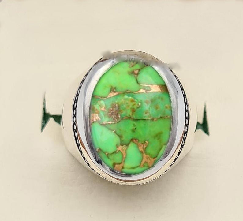 Solid 925 Sterling Silver Natural Green Copper Turquoise Gemstone Men's Ring