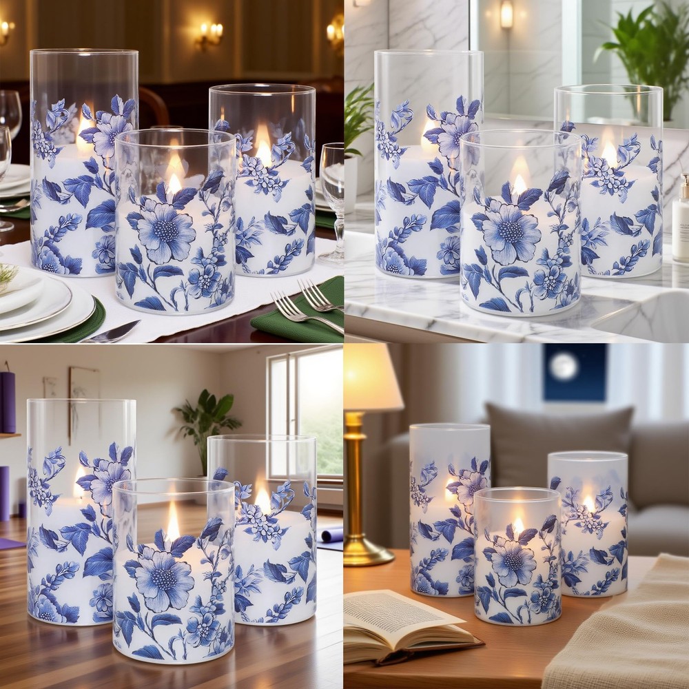 Flameless Candles Glass with Remote Control & Timer Function, Blue and White ...