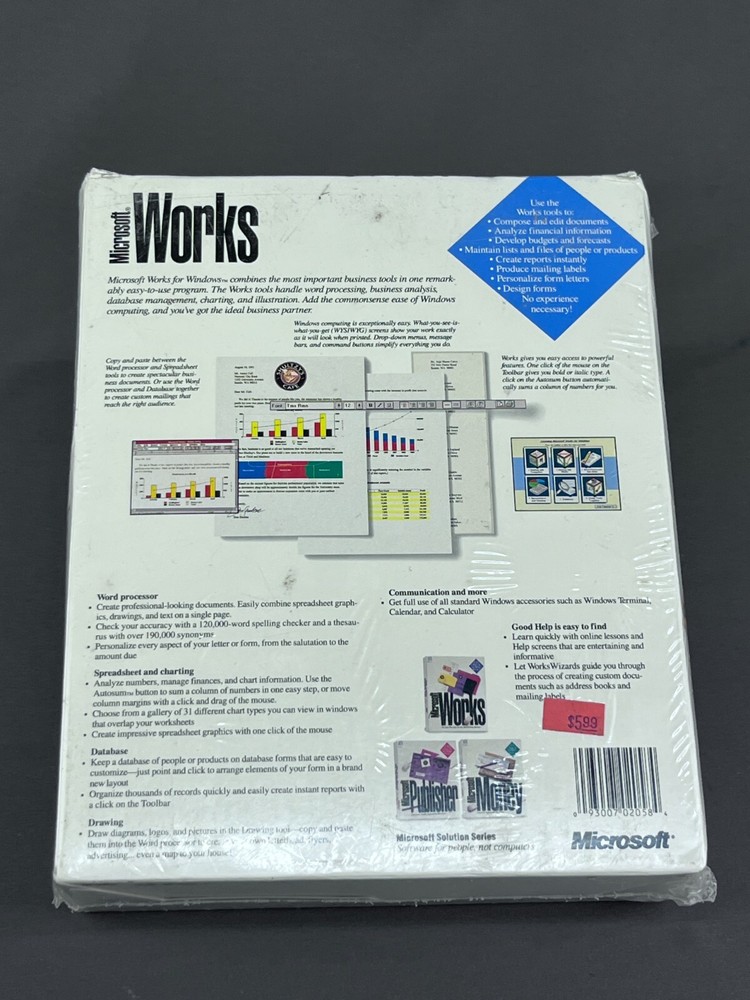 Genuine 1991 MICROSOFT WORKS Version 2.0 Complete Box Set Sealed + Discs (S6)