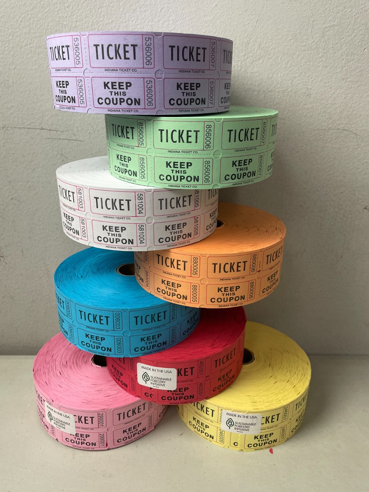 Double Stub Raffle Tickets 4 Rolls of 2000 Indiana Ticket Company Choose Colors
