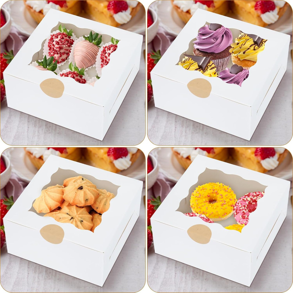 60 Pcs Bakery Boxes With Window 6"x6"x3" White Cookie Pastry Packaging