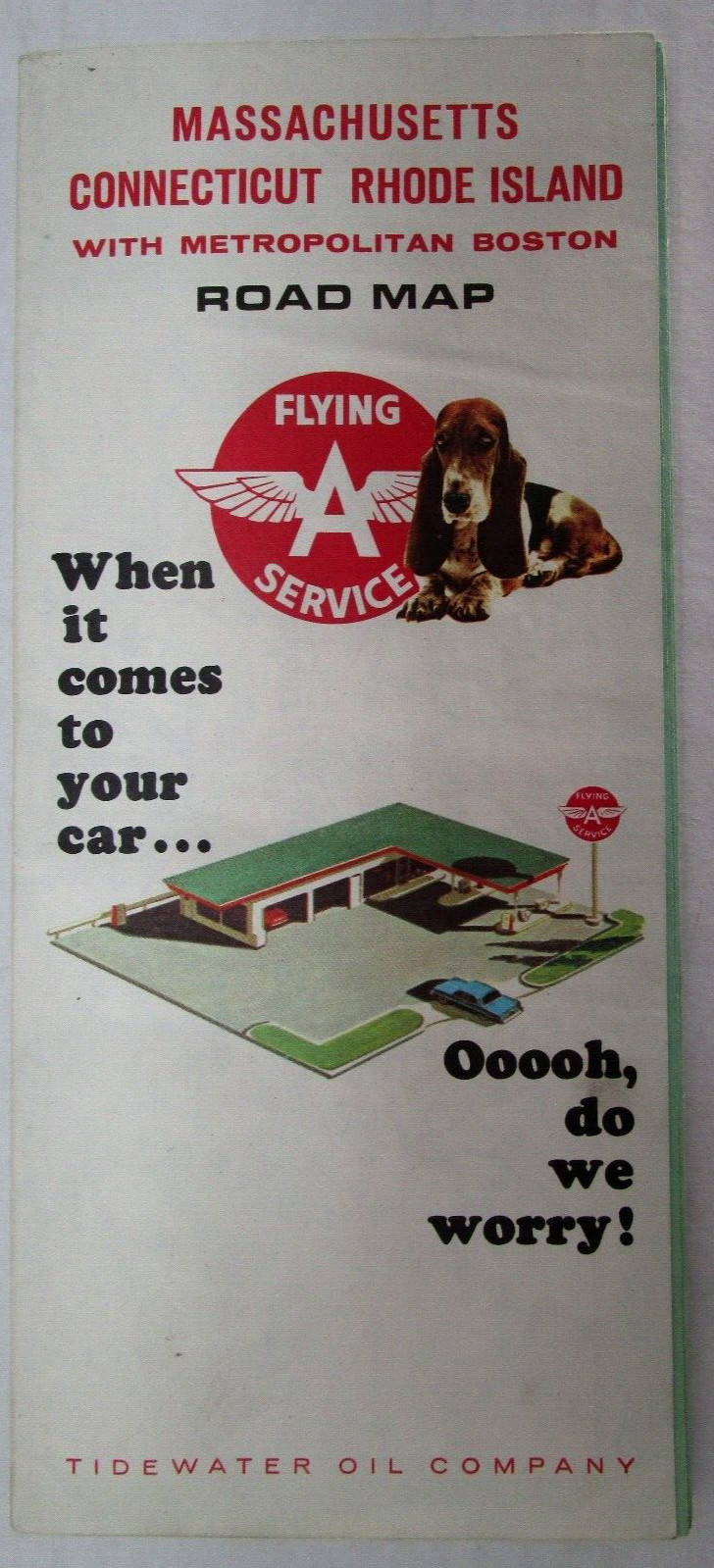 1966 Tidewater Flying A Gasoline Road Map Massachusetts, Connecticut & RI - E6D