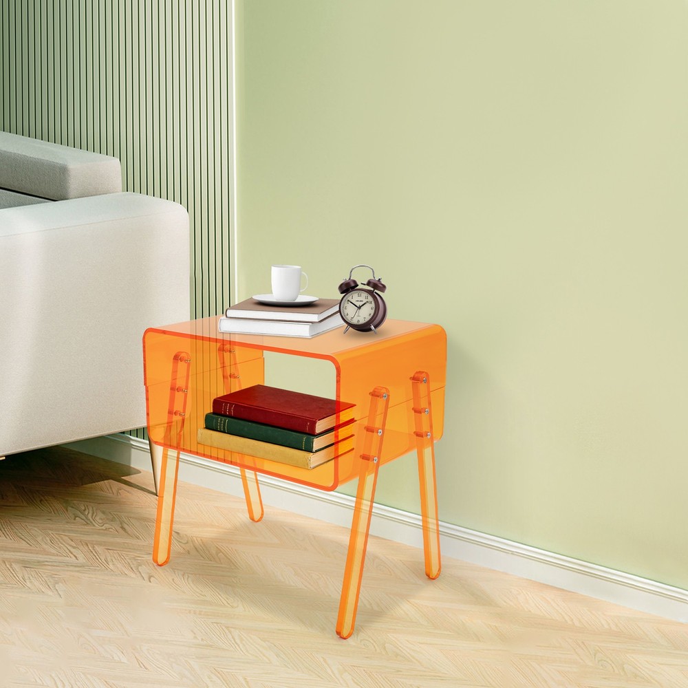 Acrylic Side Table, Orange 2-Tier End Table with Open Storage for Small Spaces
