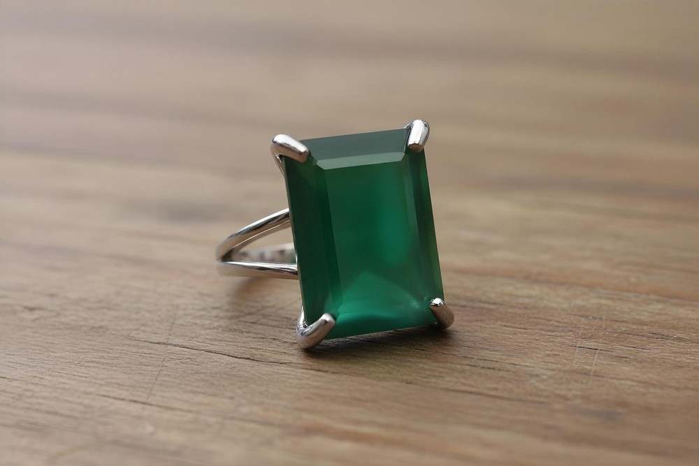 Green Onyx Ring Anemone Jewelry Silver Rectangle Long Statement Ring