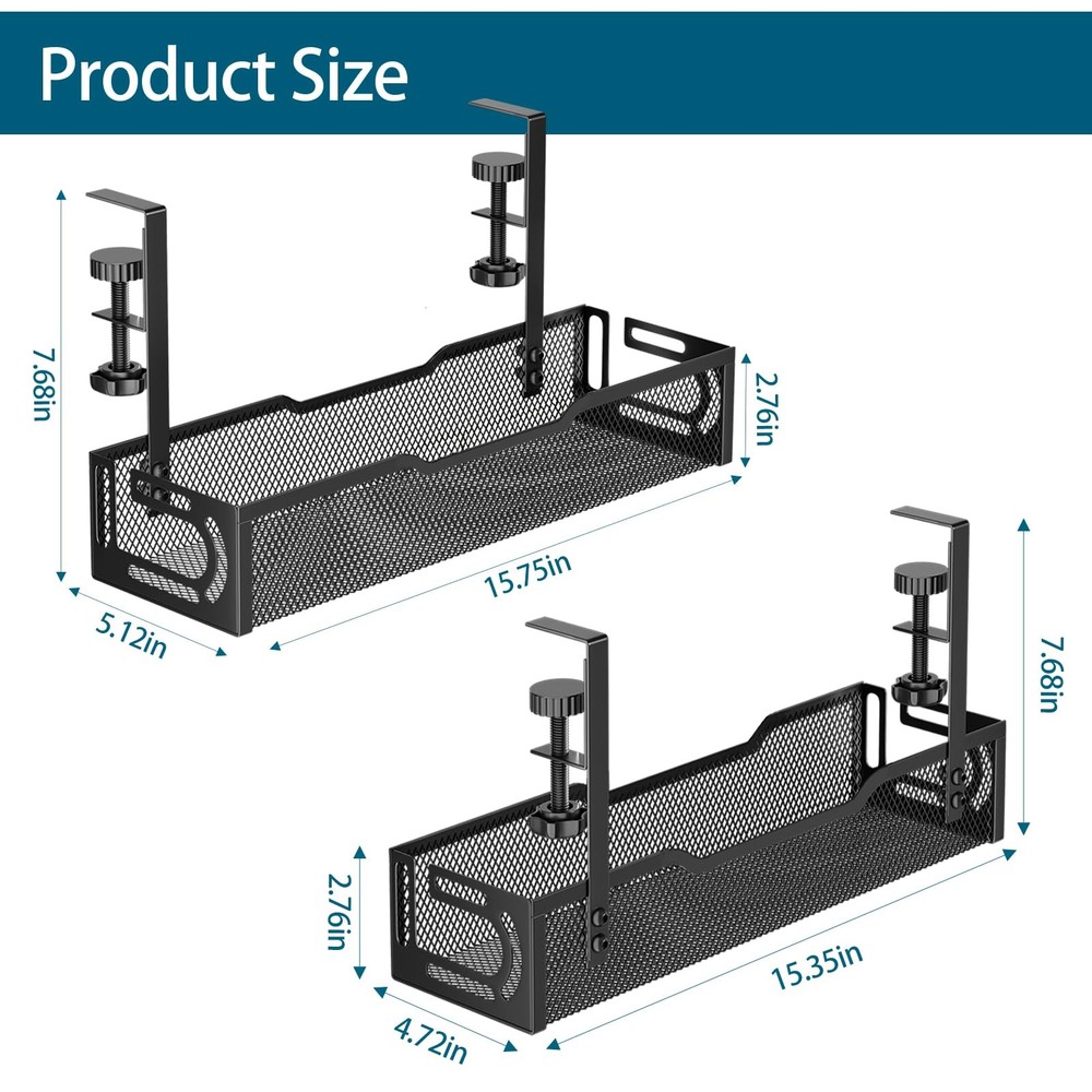 2Pack Under Desk Cable Management Tray, No Drill 2Pack-Black (15.3''+15.7'')