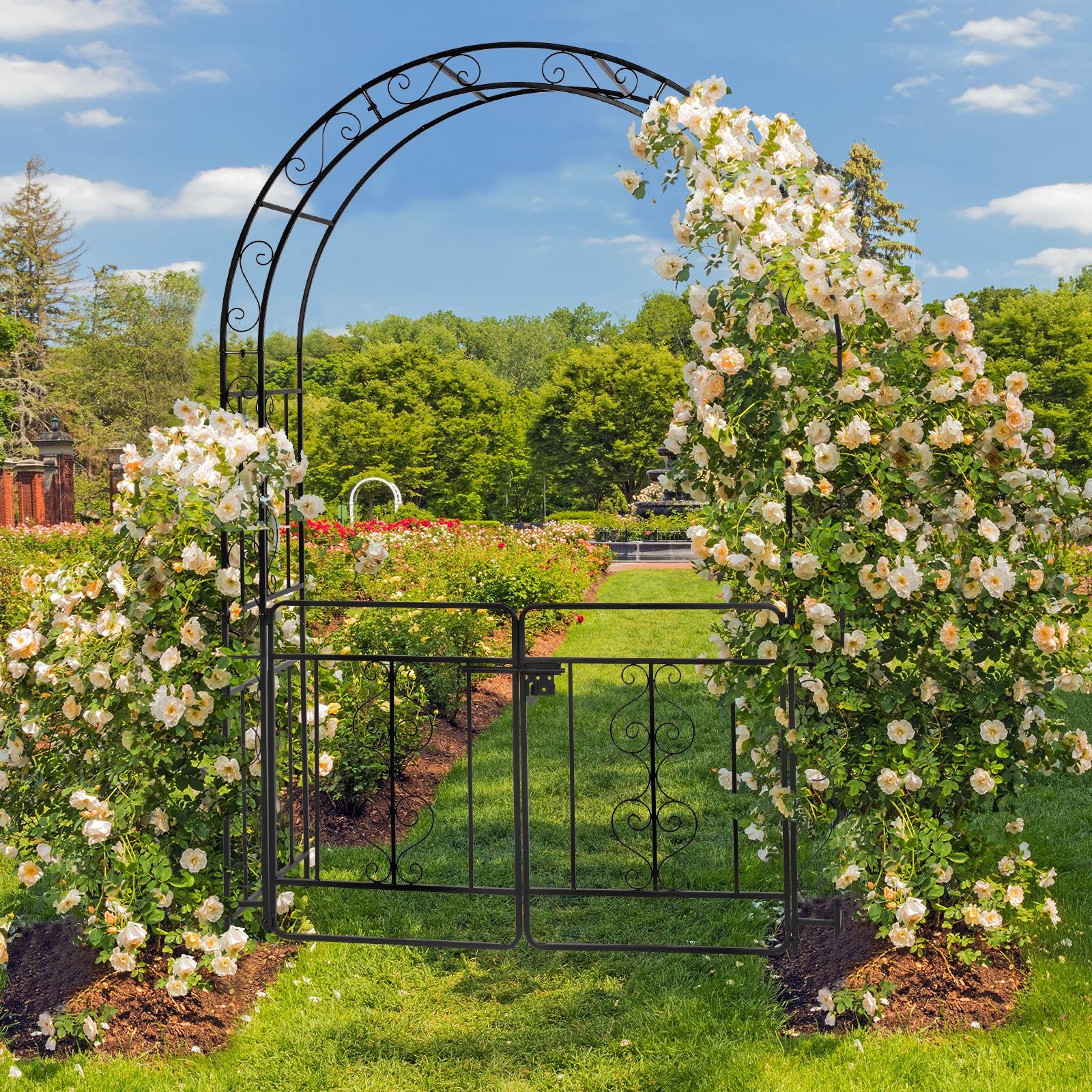 7FT Sturdy Metal Garden Arch Trellis with Gate for Outdoor Garden Lawn Backyard