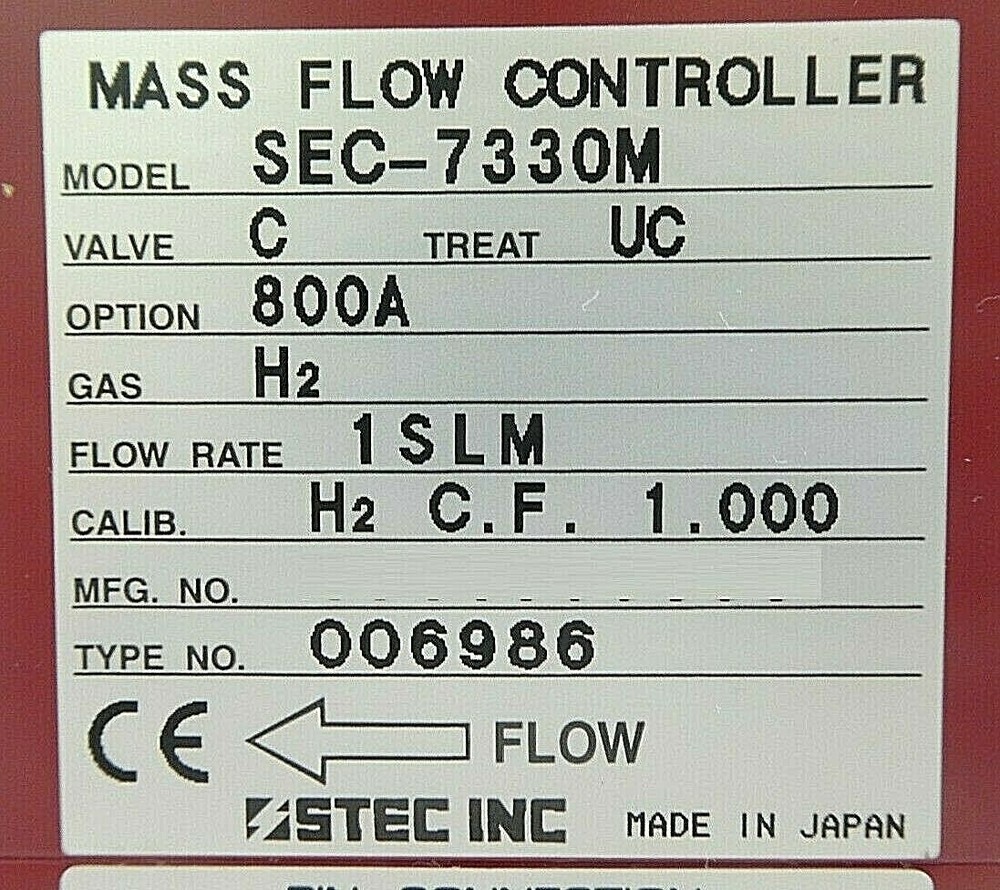 STEC SEC-7330M Mass Flow Controller MFC SEC-7330 1 SLM H2 Working Surplus