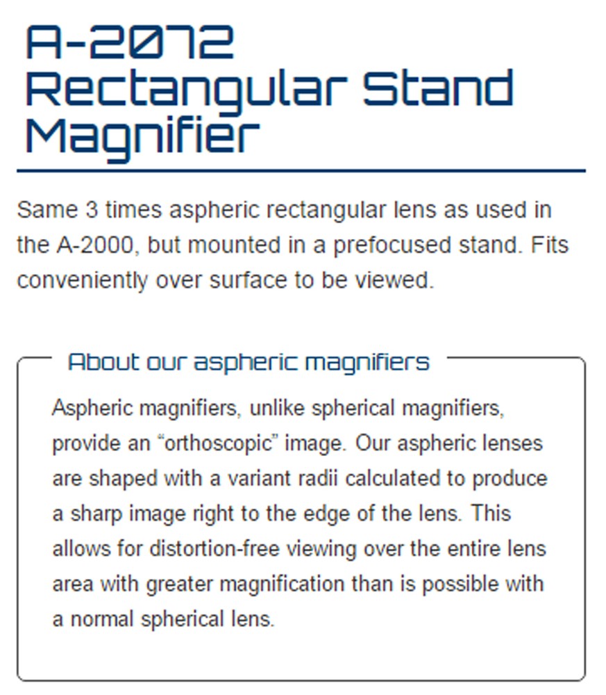 Donegan Aspheric Lens Stand Magnifier. 2" x 4" Rectangular Lens 3X Magnification