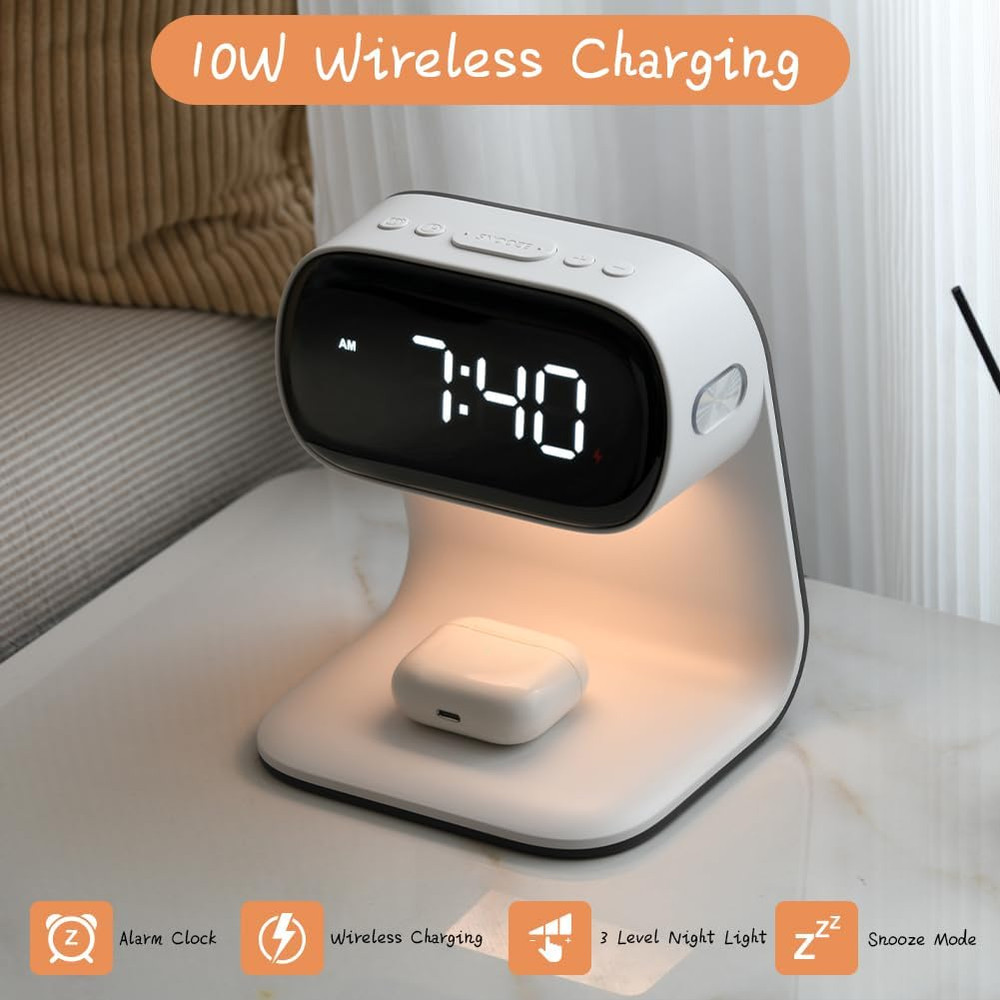 Alarm Clock with Wireless Charging,Dimmable Night Light,Snooze Function,10W Fast