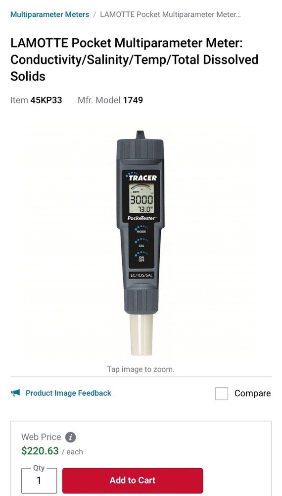 LAMOTTE Pocket Multiparameter Meter: Conductivity/Salinity/Temp/Total D Solids