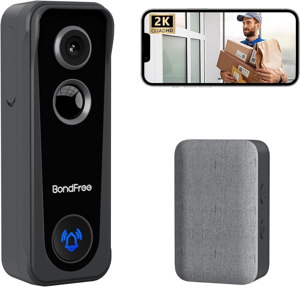 BondFree 2K HD Wireless Doorbell Camera with Wireless Chime, Gray