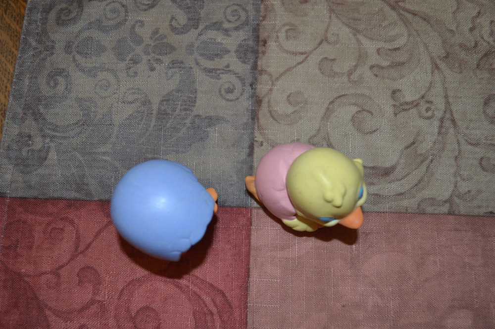 2 Easter Chicks Hatching from Hand Painted Ceramic Eggs Pink & Purplish Blue