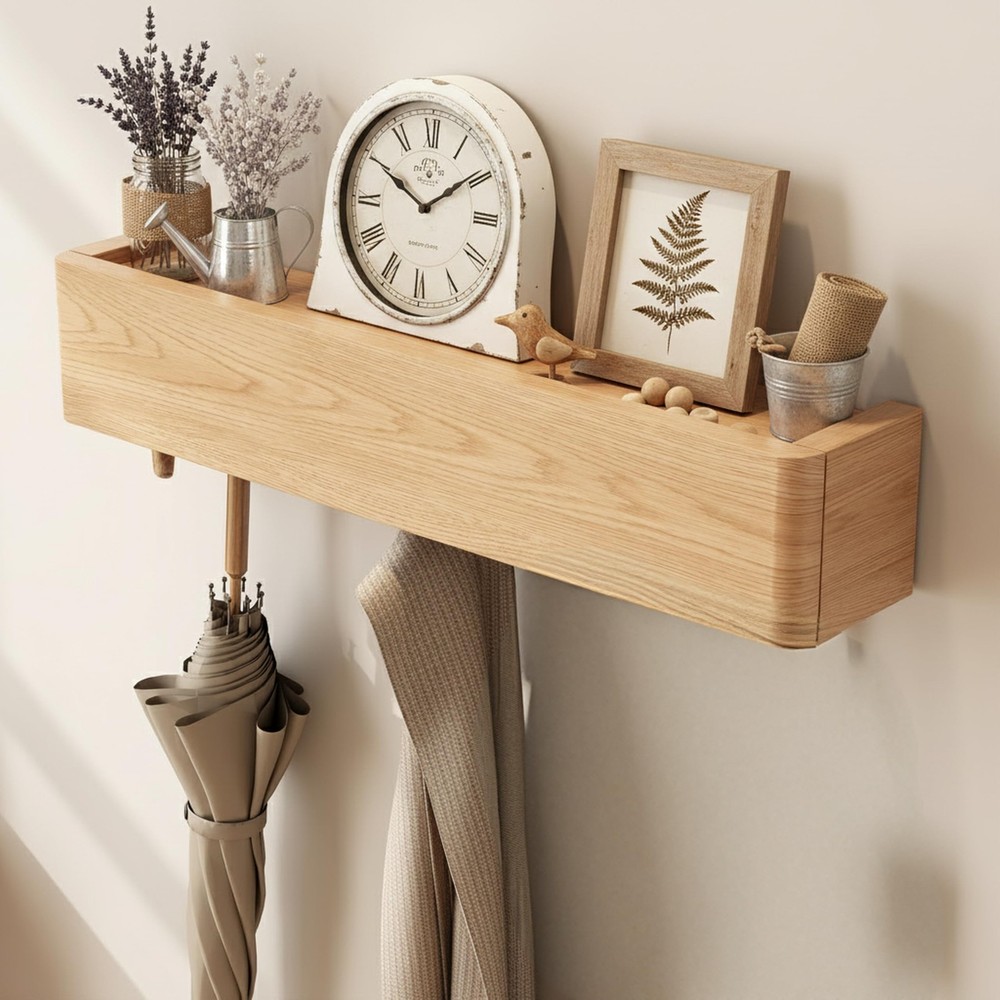 Solid Wood Wall Mounted Coat Rack with Shelf Hooks - Modern Floating Shelves ...