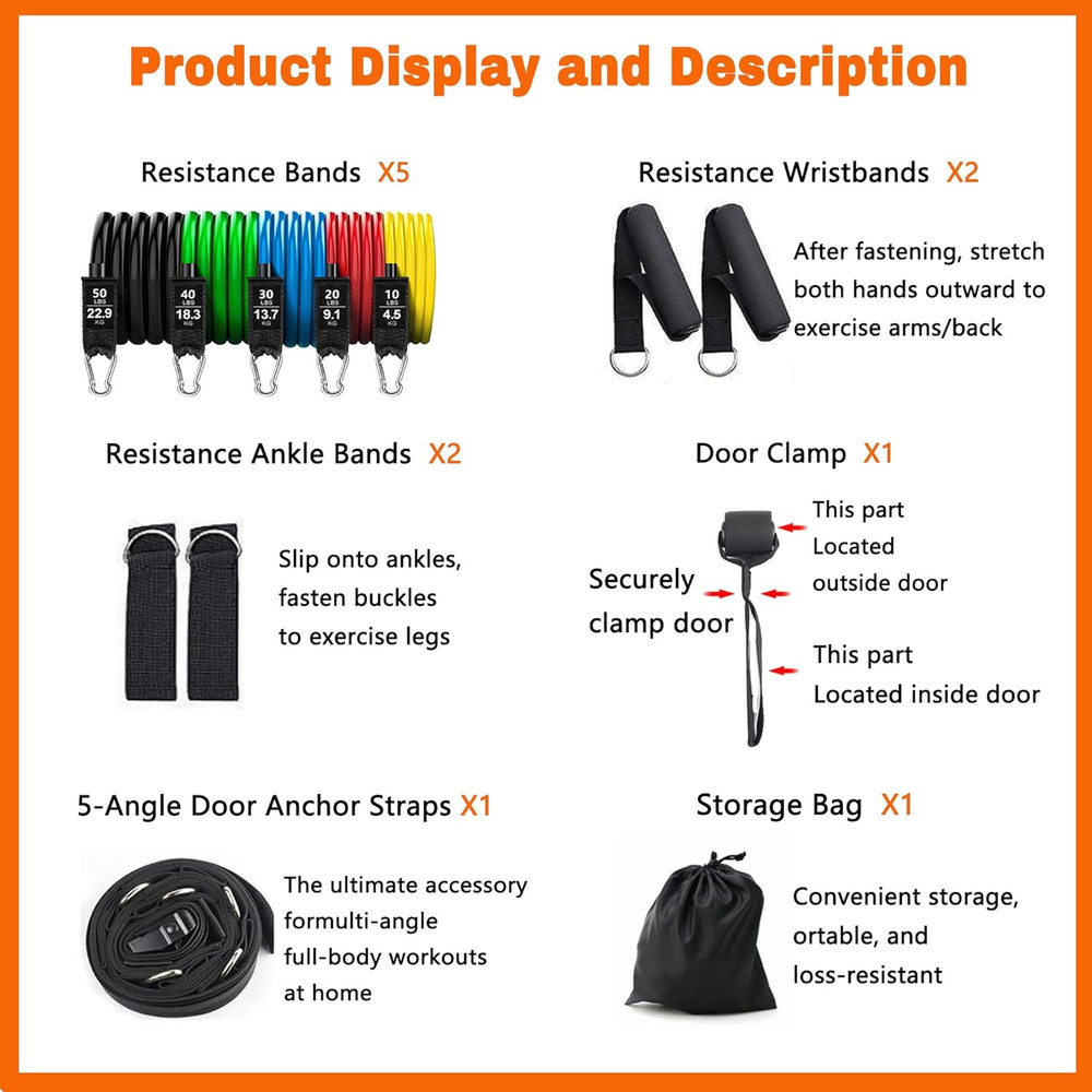 Resistance Bands Set with Door Anchor Training System, 5 Colors Stackable up to