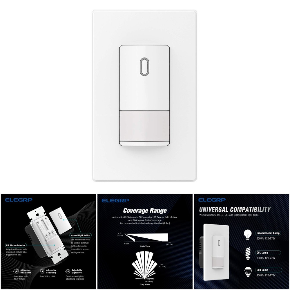 Single Pole Occupancy Motion Sensor Light Switch 120° PIR Infrared Matte White