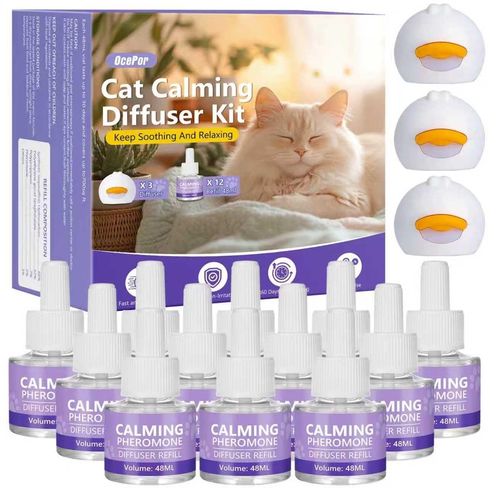 Cat Calming Diffuser 12 Refill Solutions, 3 Plugs- Cat Pheromones Calming Dif...