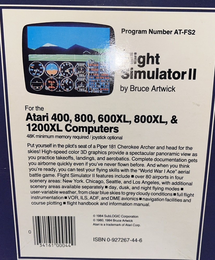 Flight Simulator II subLOGIC for ATARI computer - complete SET box manual 2 disk