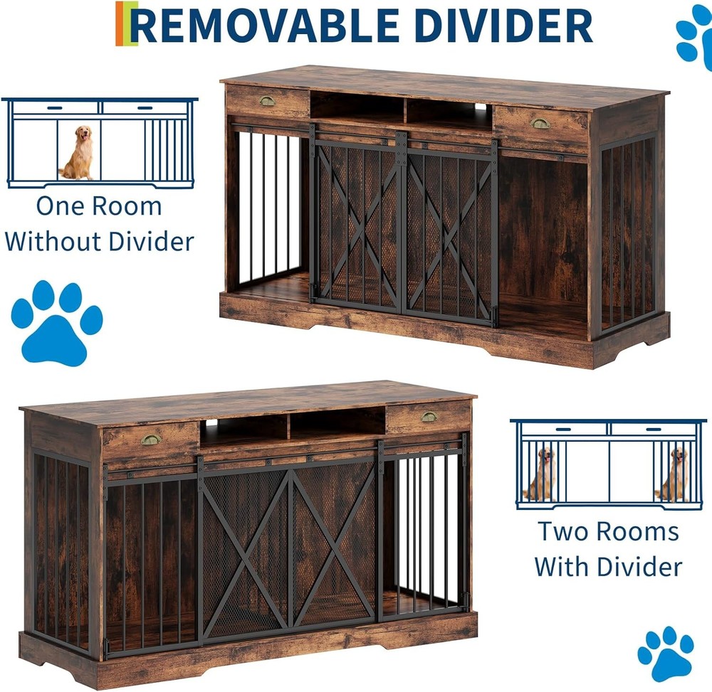 63 inch Wooden Double Dog Crate Dog Kennel Furniture TV Stand w/Divider& Drawers
