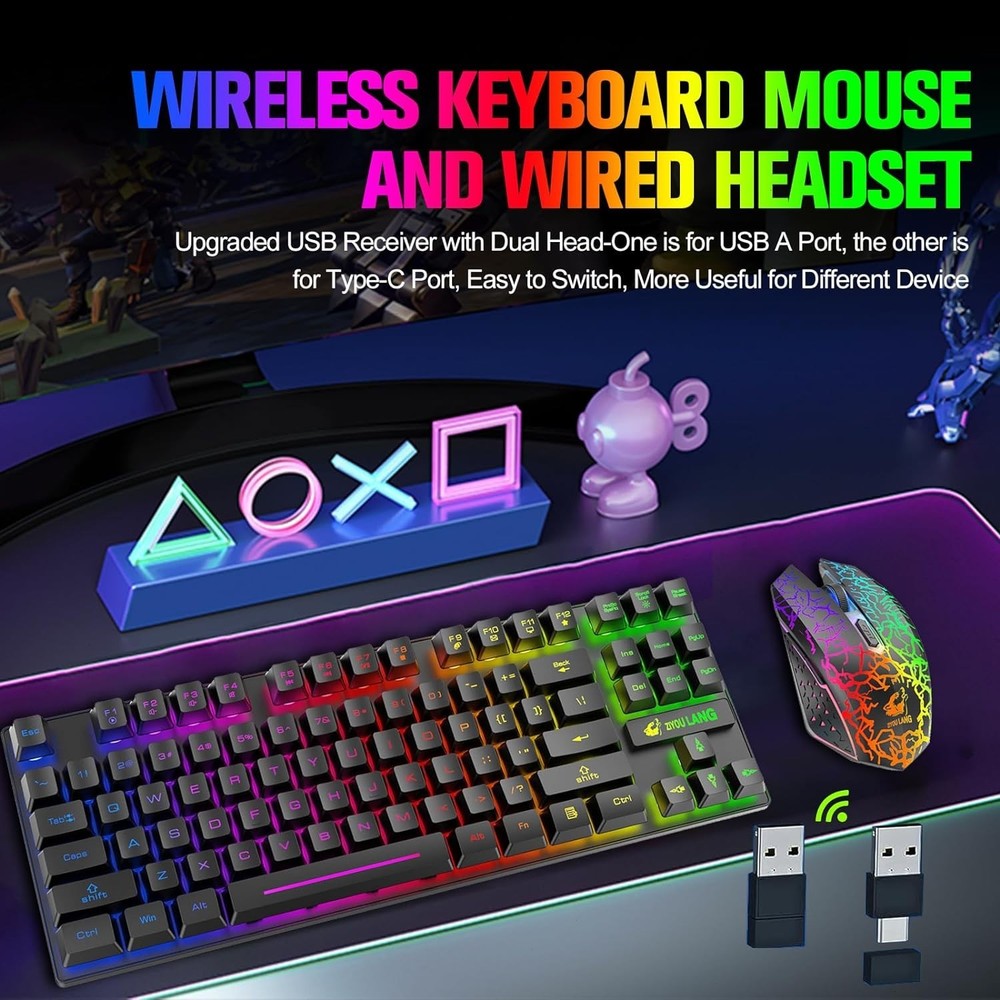 Wireless Gaming Keyboard and Mouse Combo Rainbow Backlit Rechargeable for PC Mac