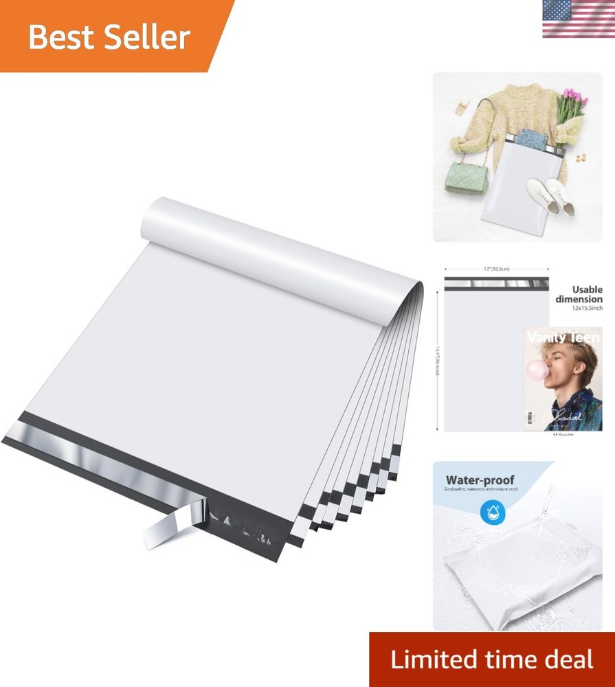 White Poly Mailers - 12x15.5", Self-Seal, Waterproof, 200pcs