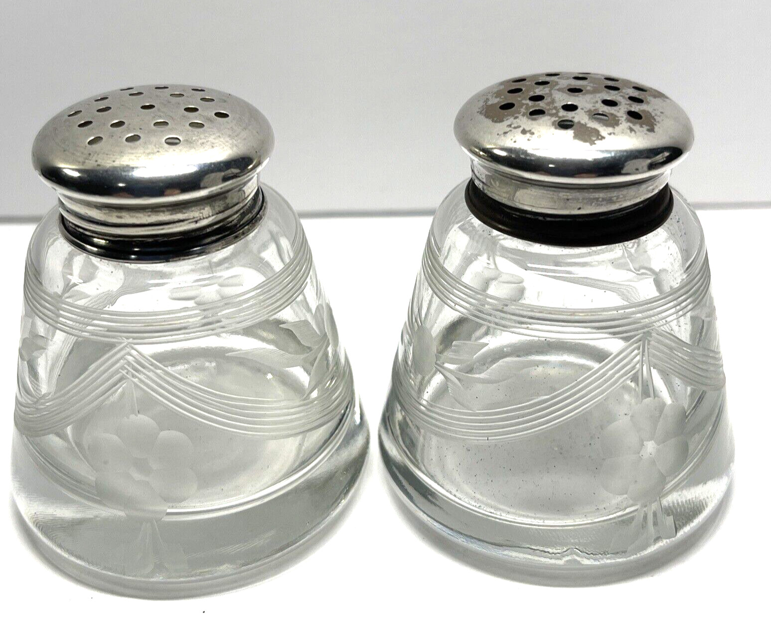 Etched Hand-Blown Glass Salt & Pepper Shaker Set Sterling Silver Tops - Vintage