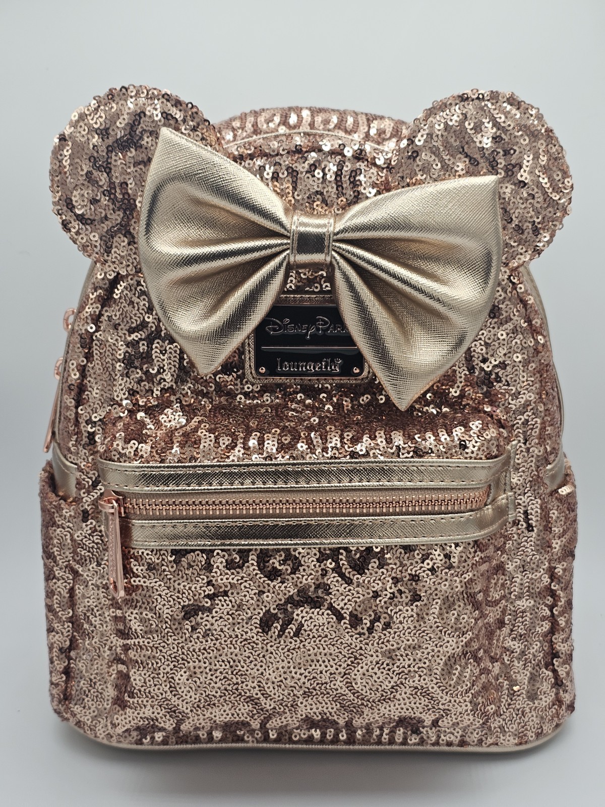 NEW Disney Parks Loungefly Rose Gold Sequin Minnie Mouse Ears Backpack Carry Bag