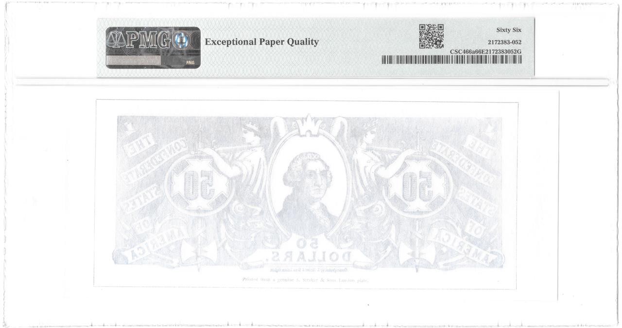 $50 Confederate CSA Chemicograph Straker London 4th Printing PMG 66 Gem UNC EPQ