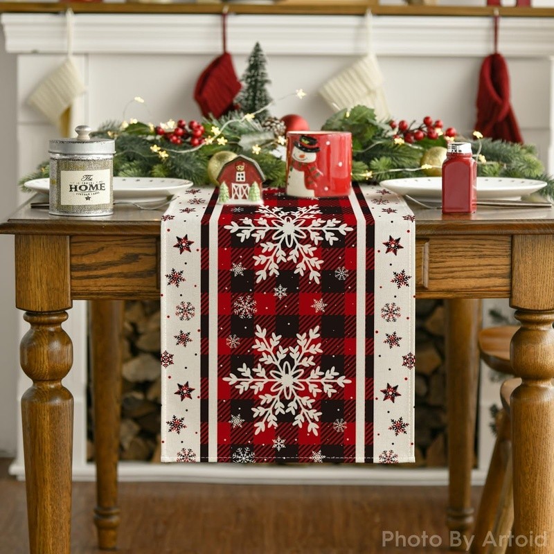 Durable Polyester Table Runner Modern Plaid Snowflake Design Dining Events New