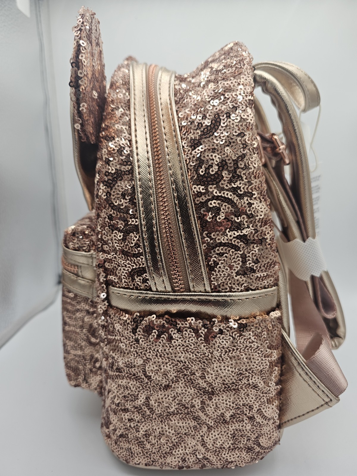 NEW Disney Parks Loungefly Rose Gold Sequin Minnie Mouse Ears Backpack Carry Bag