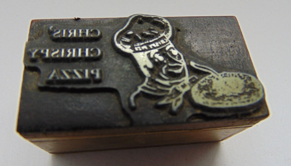 Vintage Printing Letterpress Printers Block Chris' Crispy Pizza
