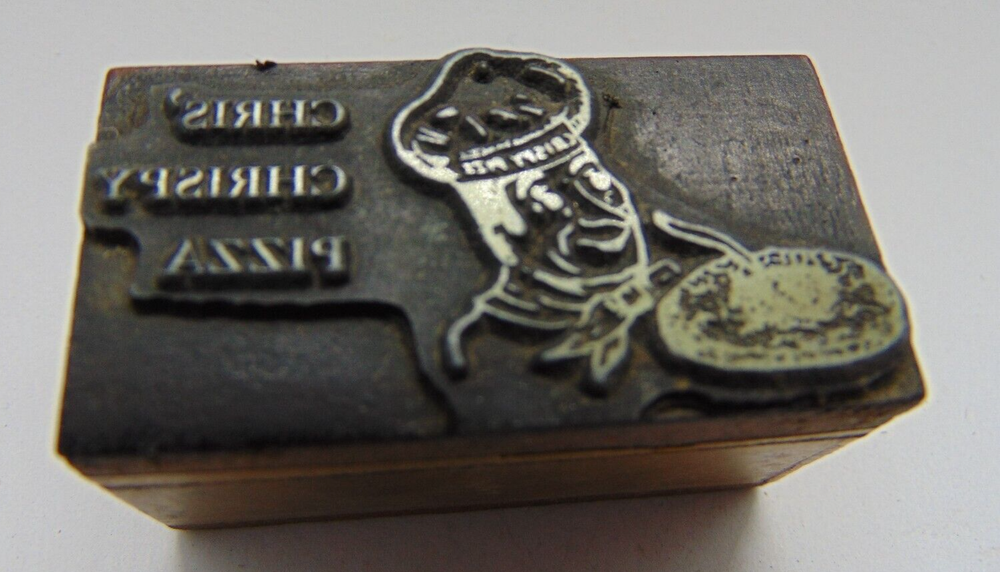 Vintage Printing Letterpress Printers Block Chris' Crispy Pizza