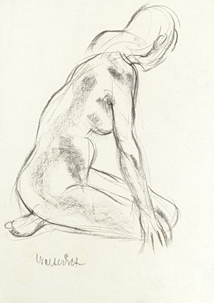 Walter Eck, seated nude, drawing, autographed
